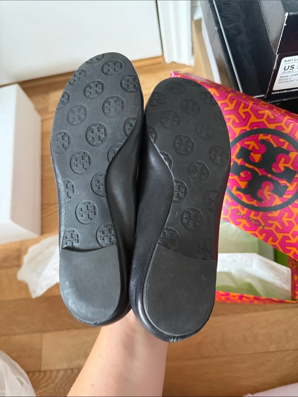 Tory Burch Black Leather Logo Cap-Toe Ballet Flats with Gold Emblem